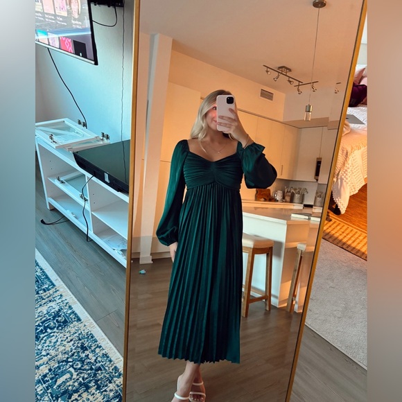 Long Sleeve Satin Empire Waist Pleated Midi Dress - Picture 2 of 4